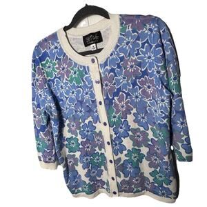 Bob Macke Wearable Art Cardigan Purple Blue Flowers 3/4 Sleeve Art To Wear